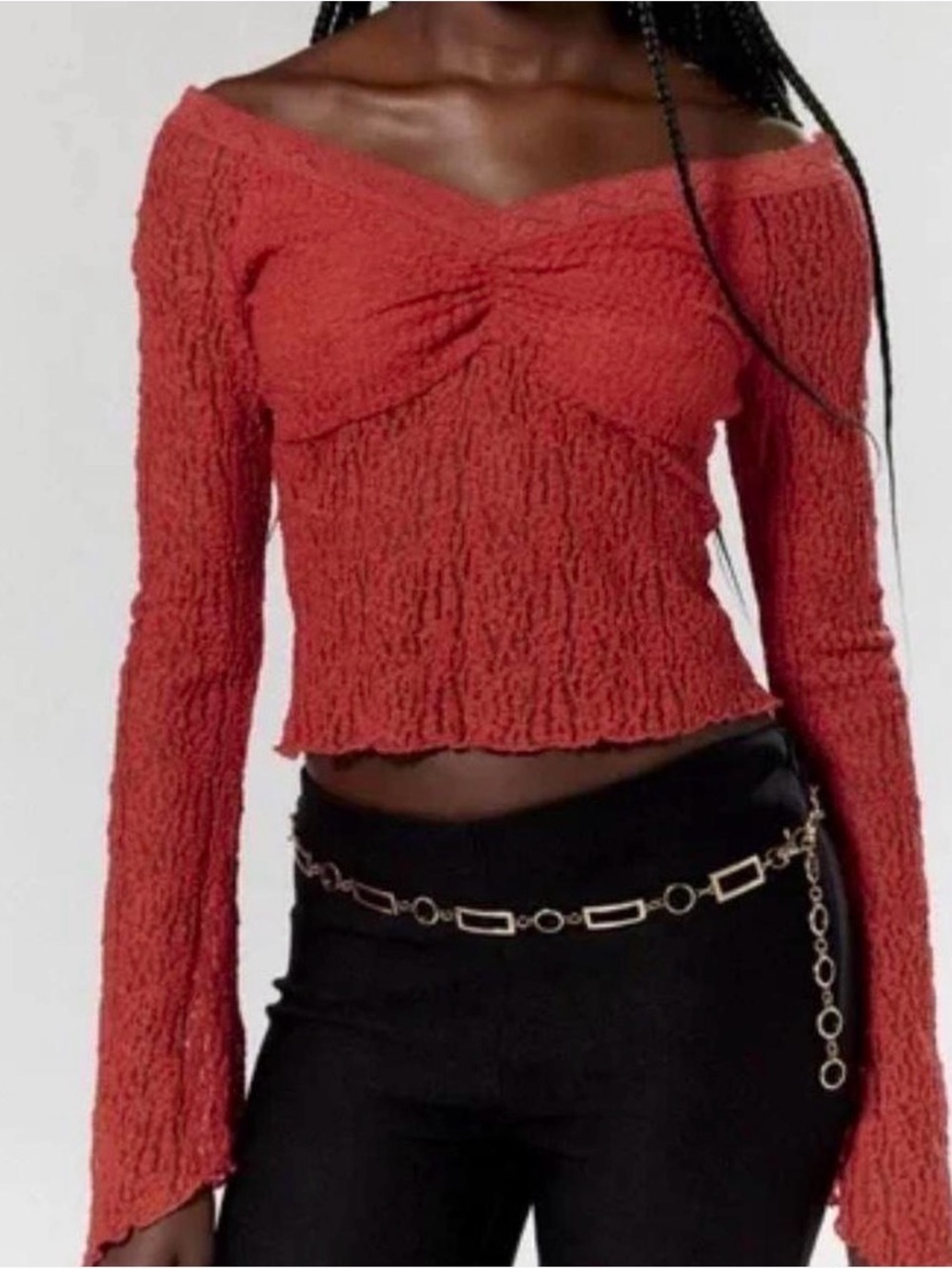silence + noise Red Lace-Textured V-Neck Cropped Long Sleeve Top M